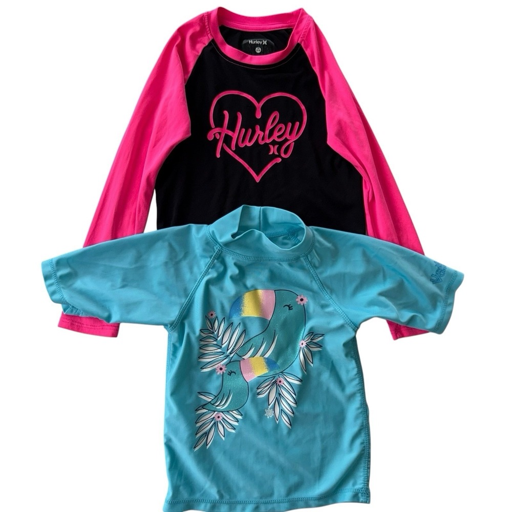 Set 2-Hurley Girls Swim Shirt 50+ UPF UV‎ Skins Rash Guard Girls Size 5-6